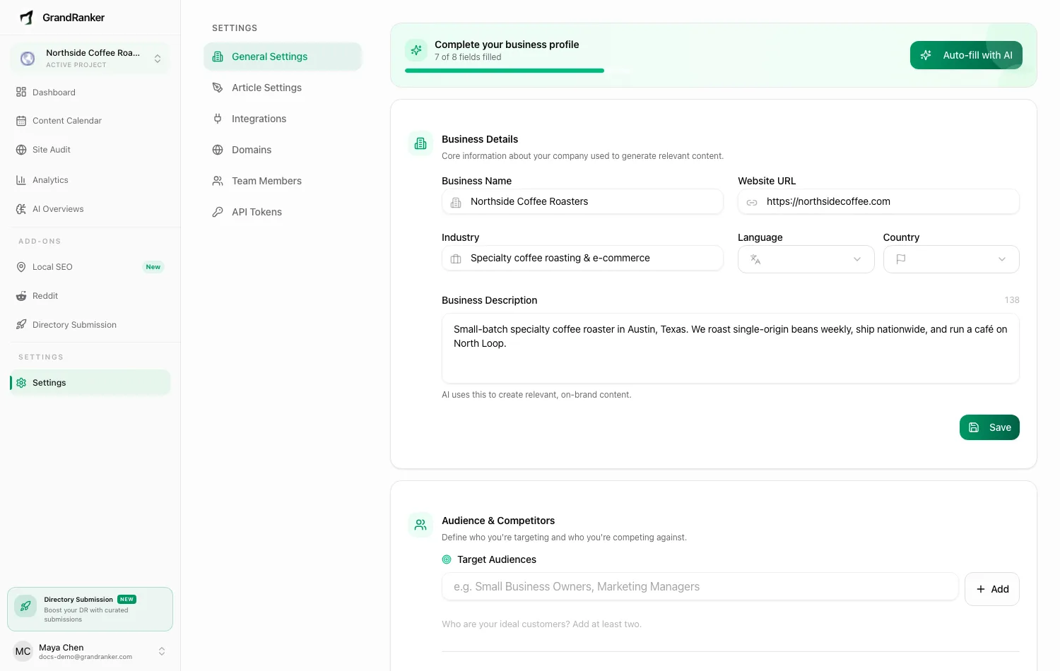 Account and business settings