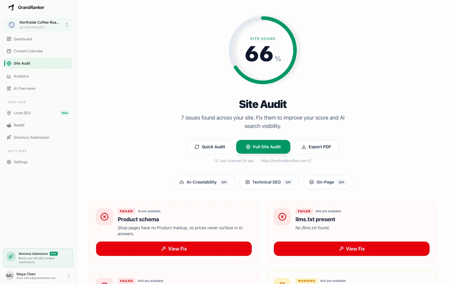 The GEO / Site Audit score and check list