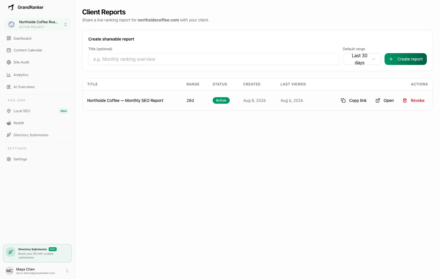 The Client Reports screen