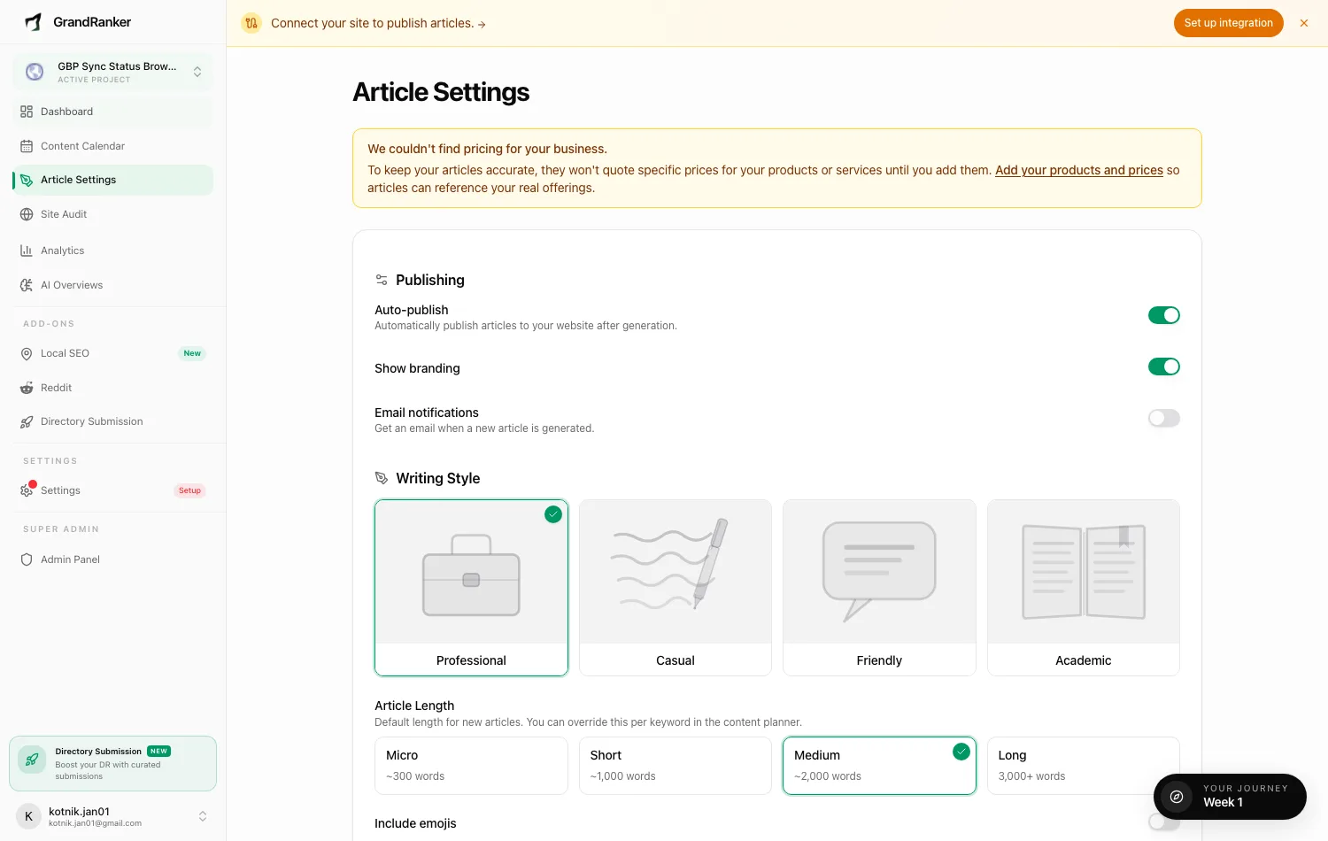Article Settings for tone, length and structure