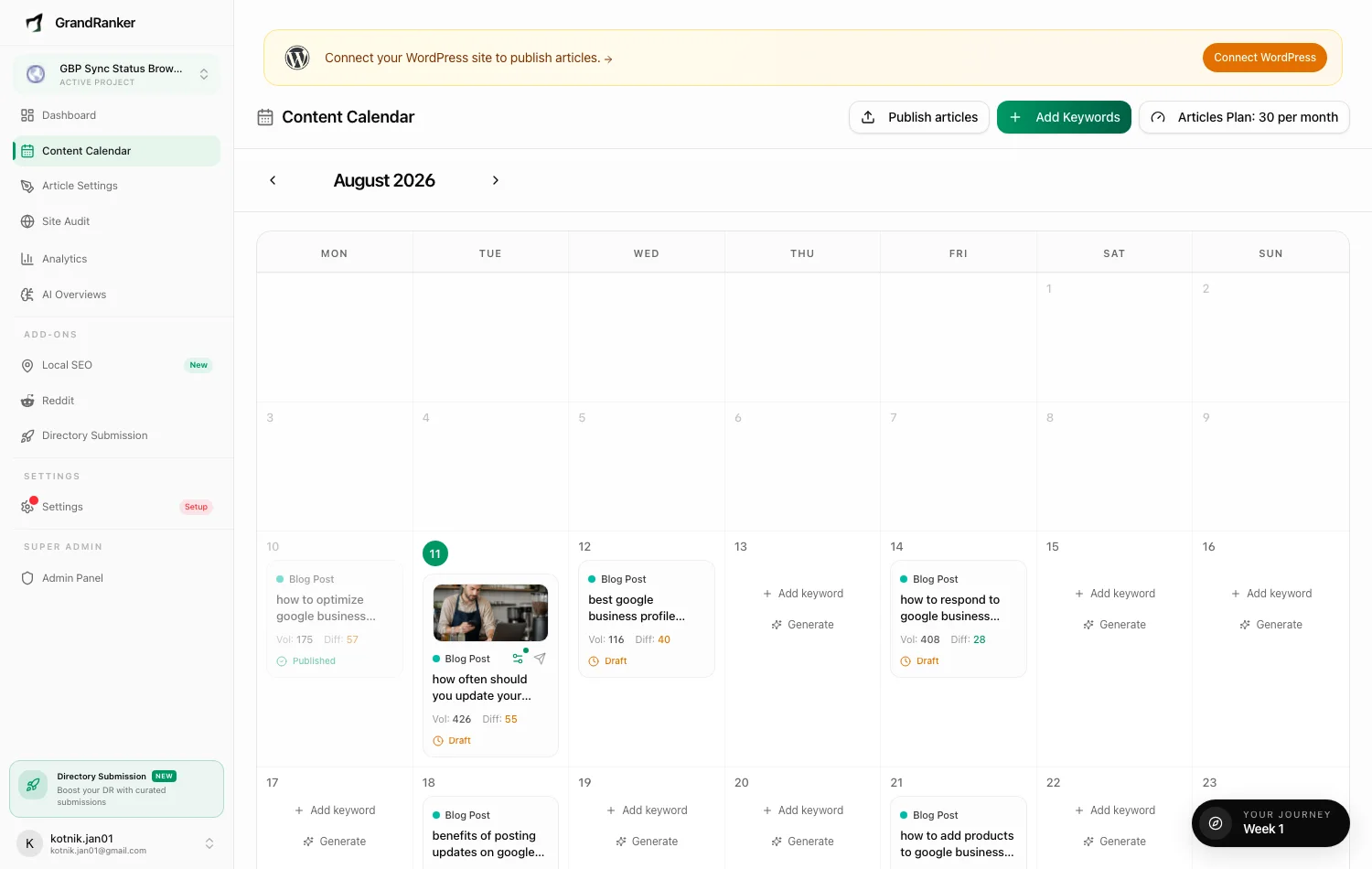 The Content Calendar with scheduled and published articles