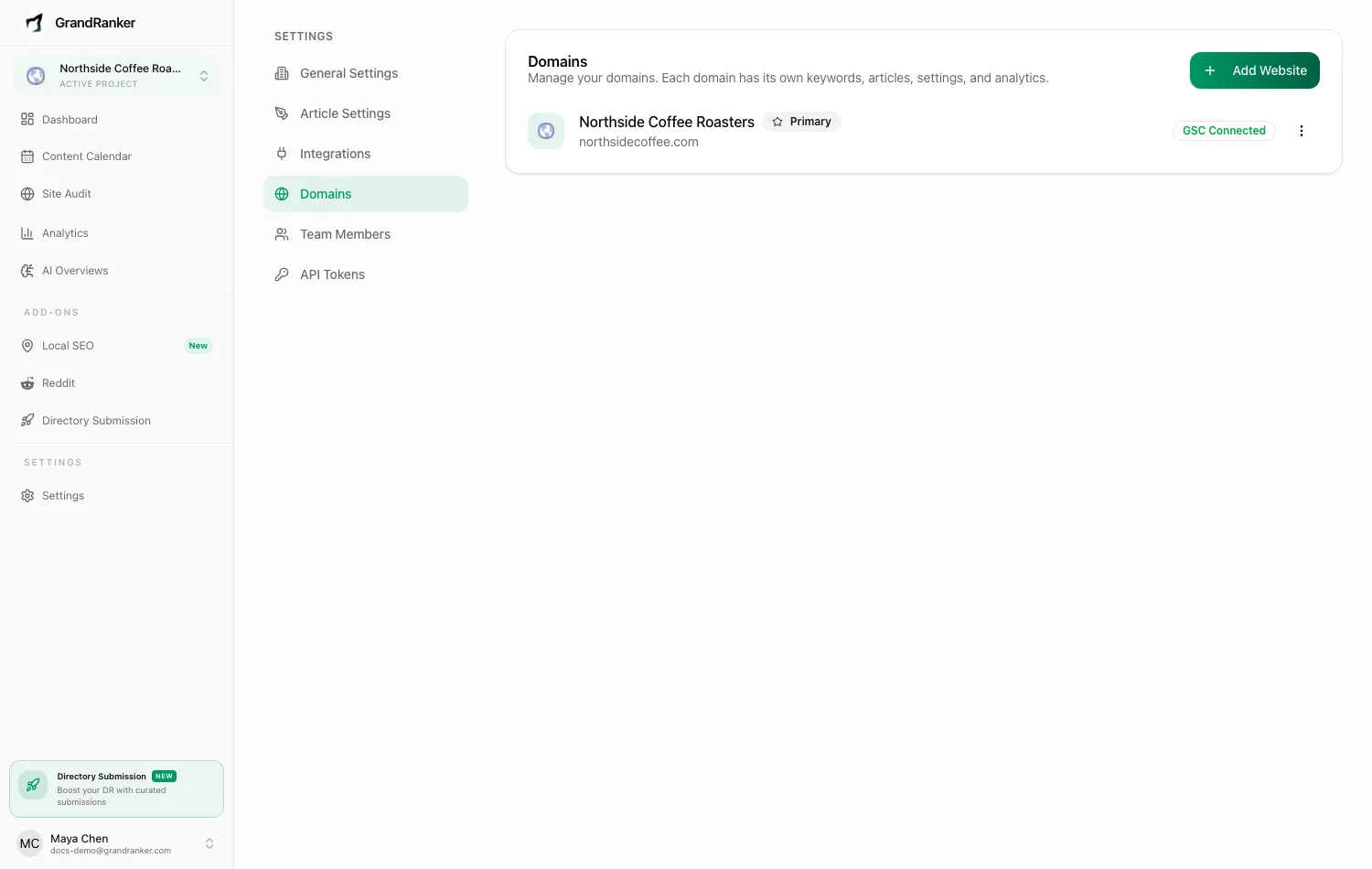 The Websites screen listing connected domains