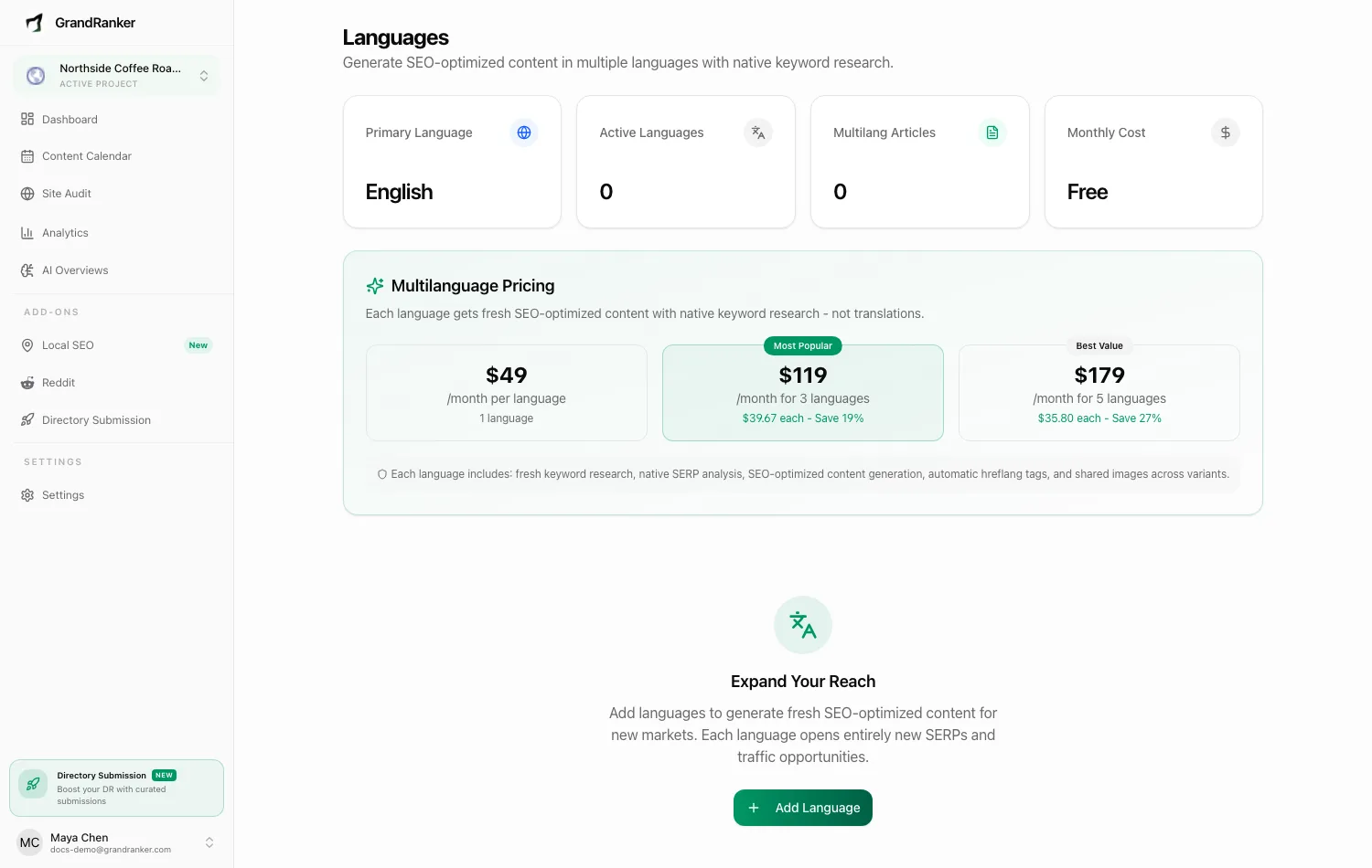 The Languages screen for multi-language publishing