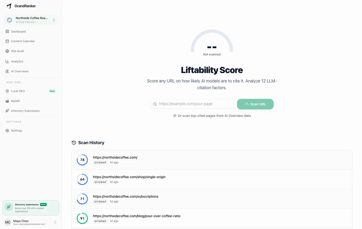 The Liftability Score screen for existing pages