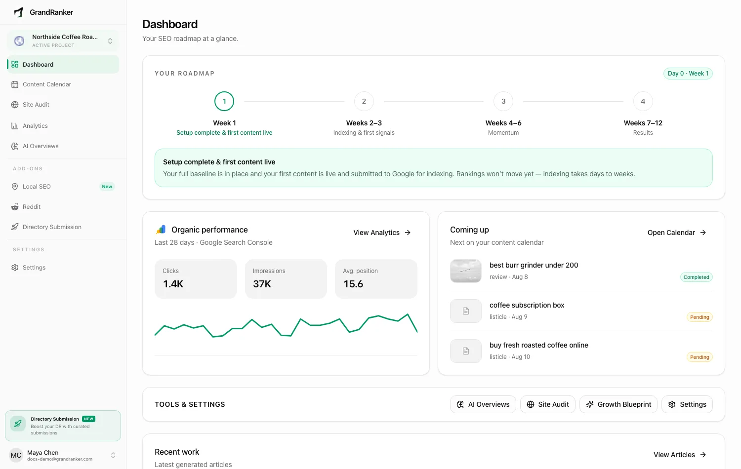 Dashboard roadmap, upcoming content and quick tools
