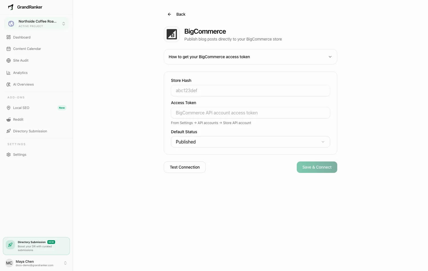 The BigCommerce connect wizard in Grandranker