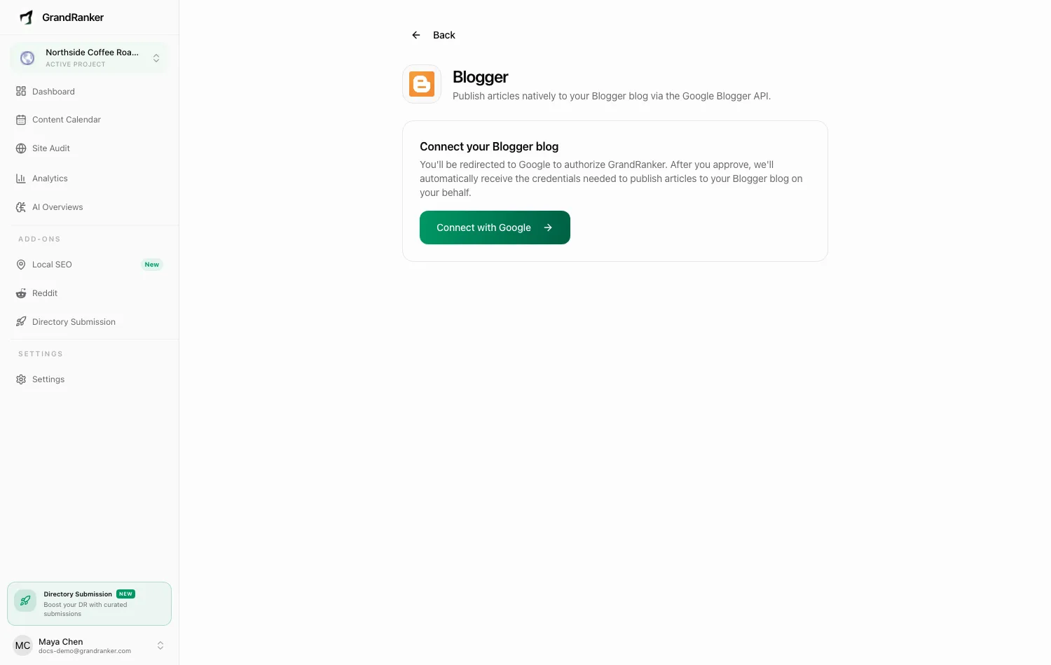 The Blogger connect wizard in Grandranker