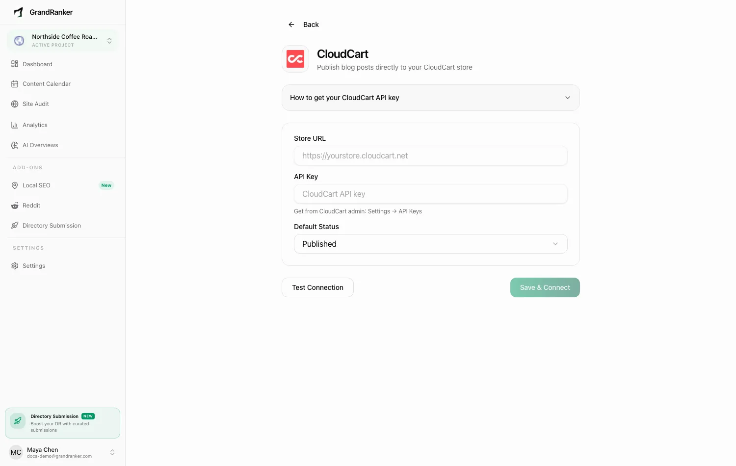The CloudCart connect wizard in Grandranker