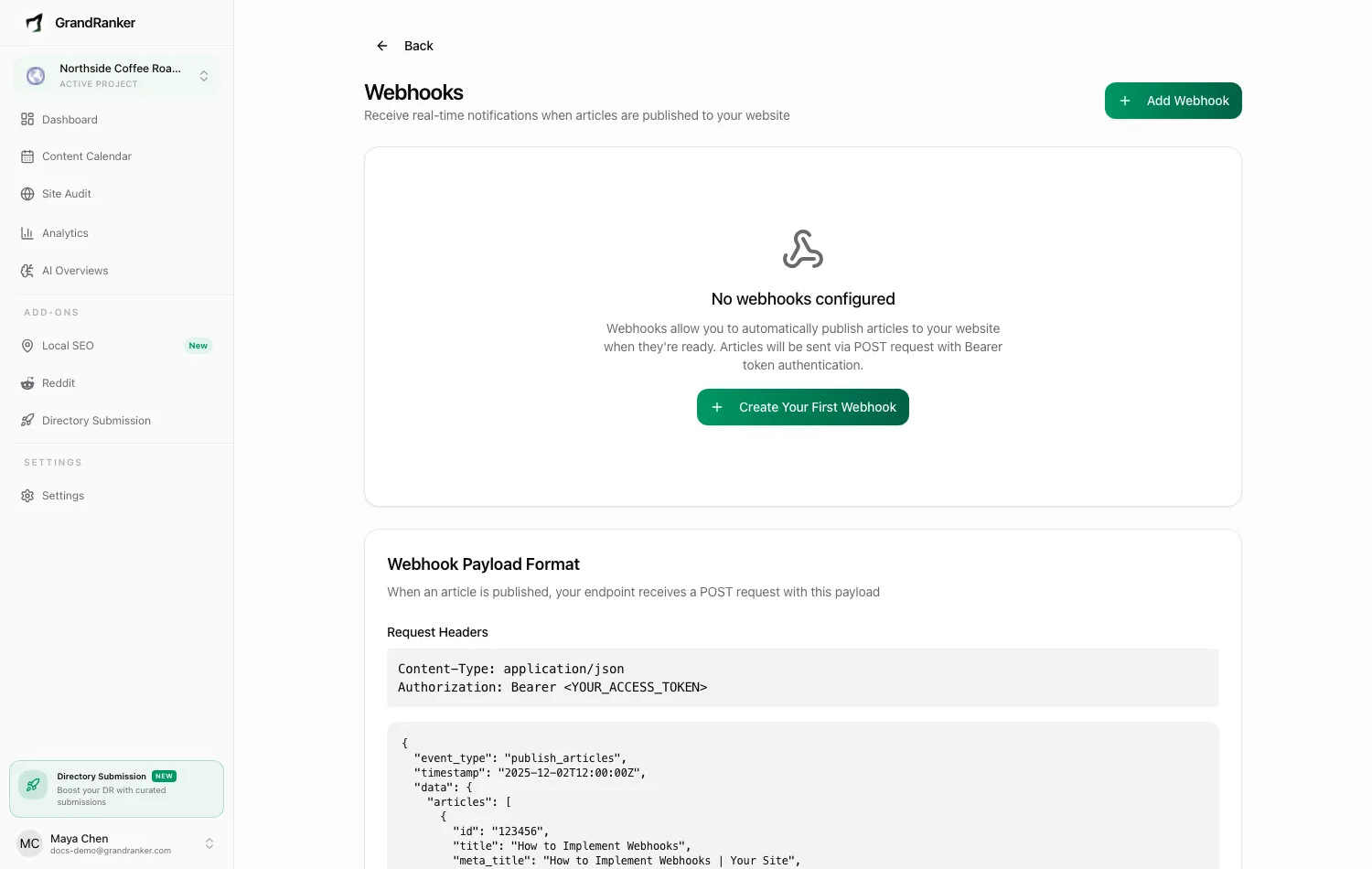 Webhook endpoints that deliver each article as JSON