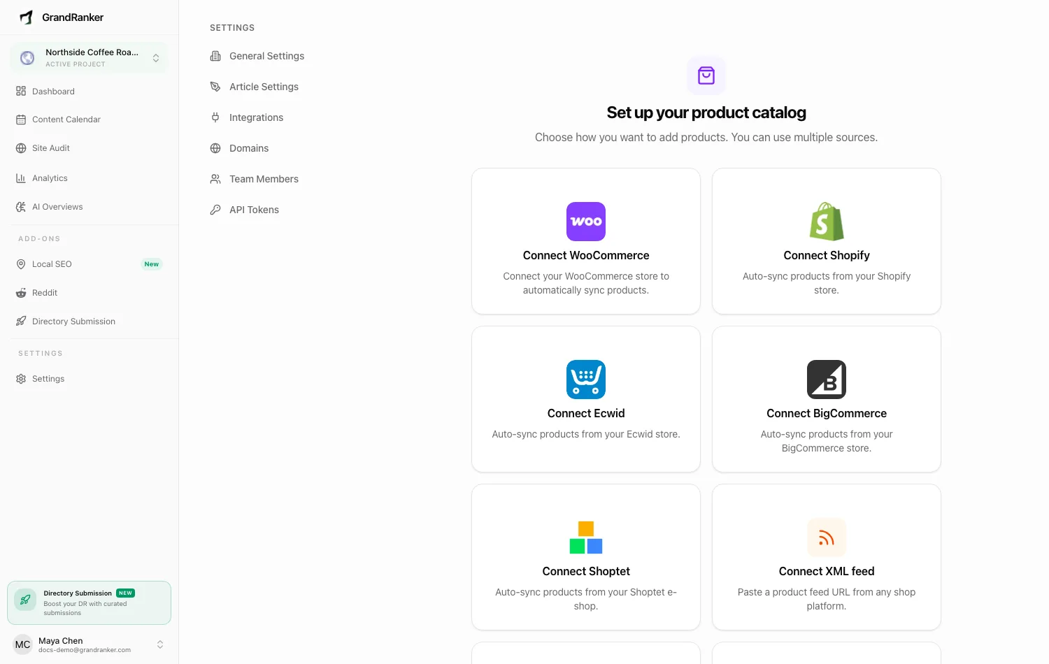 Product catalog setup for e-commerce sync