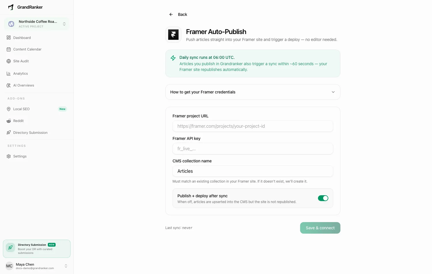 The Framer auto-publish setup in Grandranker