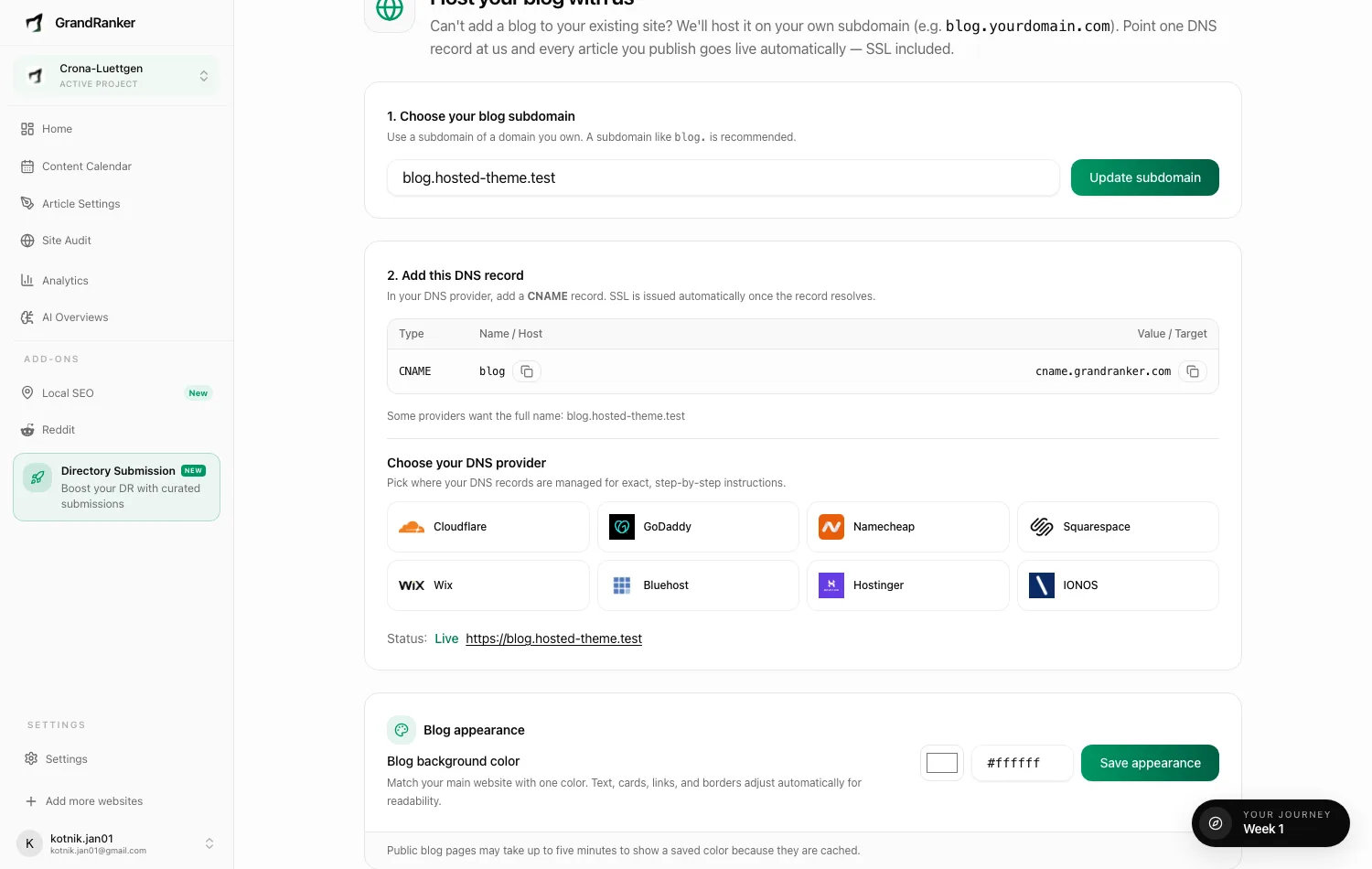 The Hosted Blog connect wizard in Grandranker