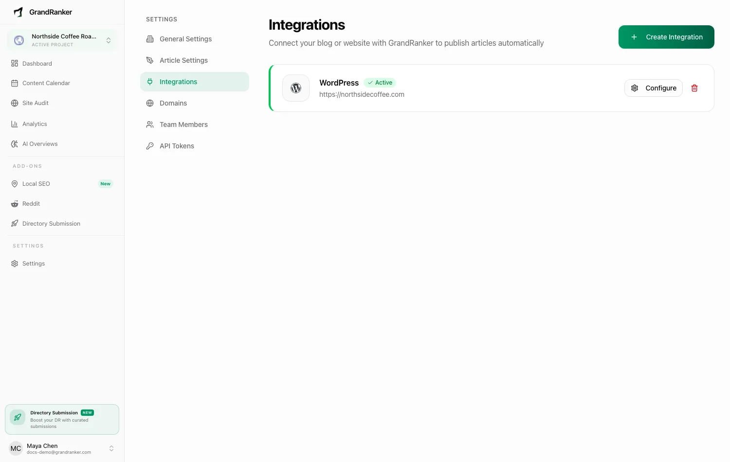 The Integrations screen showing the connected platform