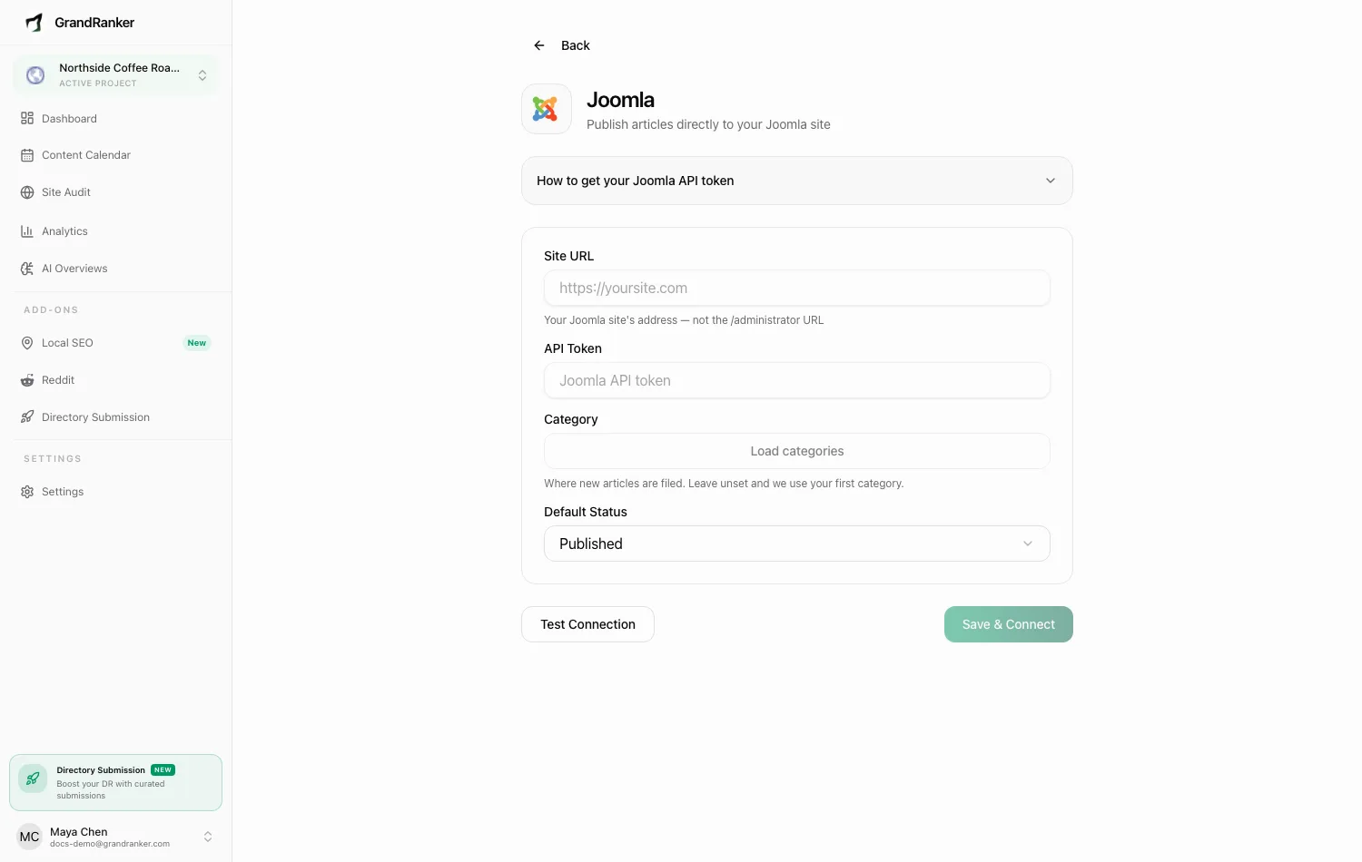 The Joomla connect wizard in Grandranker