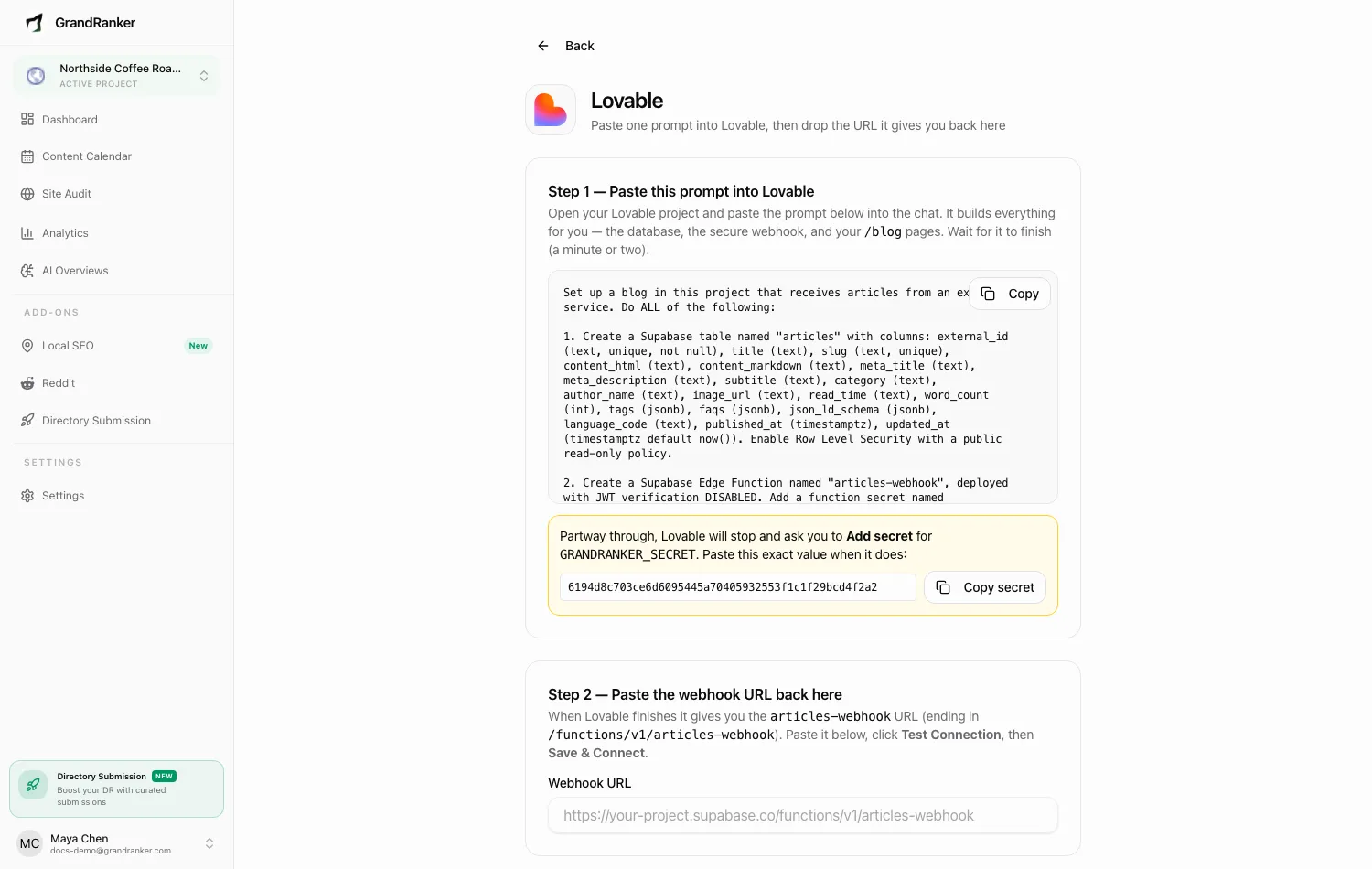 The Add a Blog to Lovable connect wizard in Grandranker