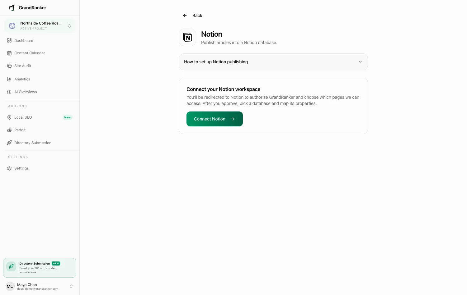 The Notion connect wizard in Grandranker