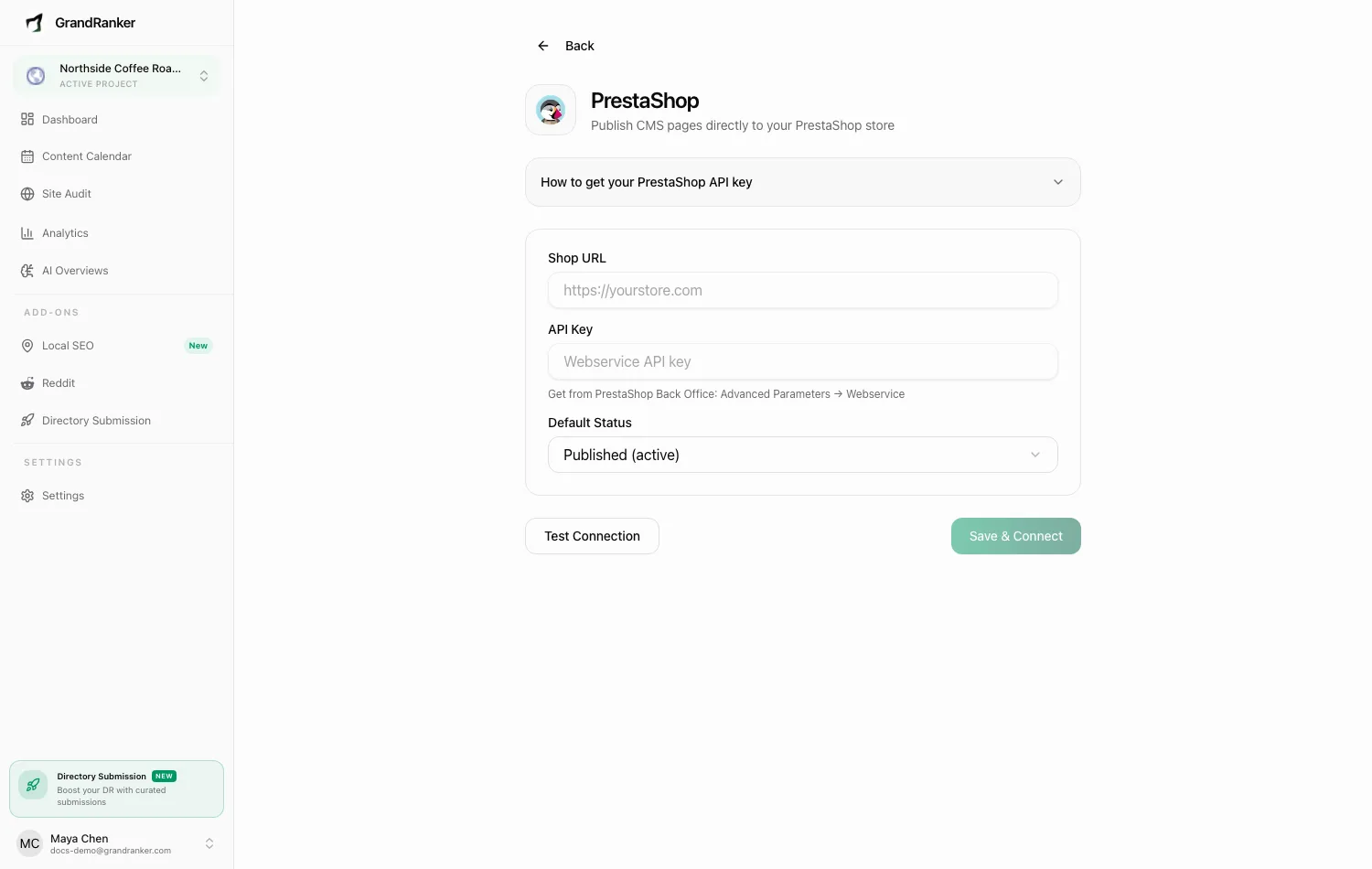 The PrestaShop connect wizard in Grandranker
