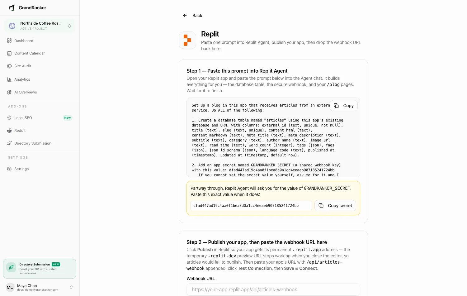 The Add a Blog to Replit connect wizard in Grandranker