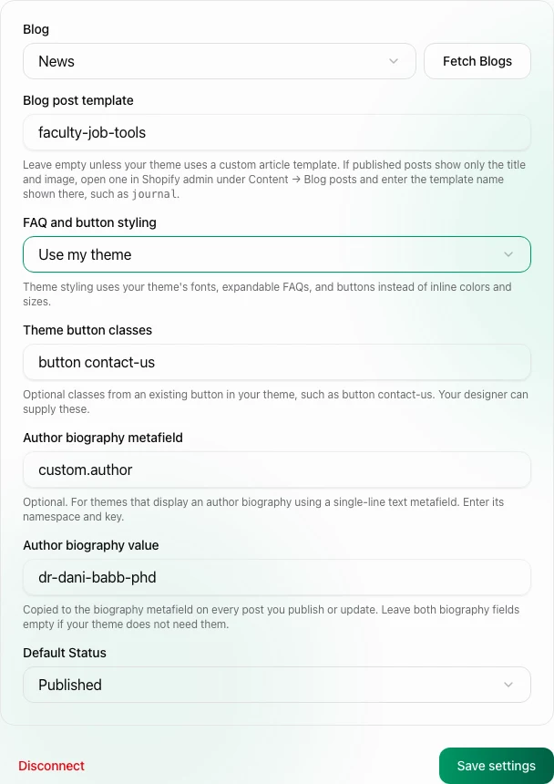 Shopify article template, theme formatting, and biography settings