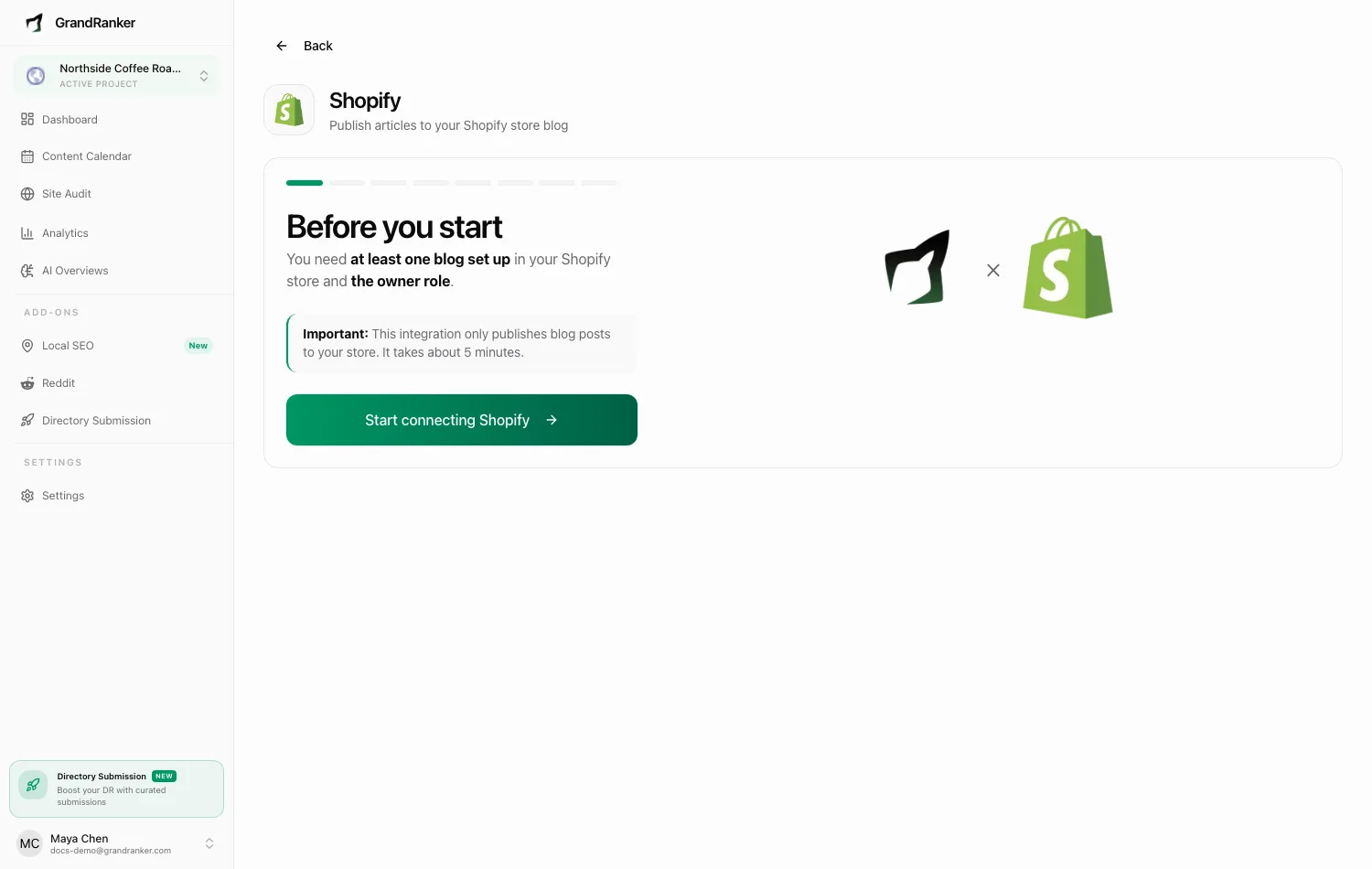 The Shopify connect wizard in Grandranker