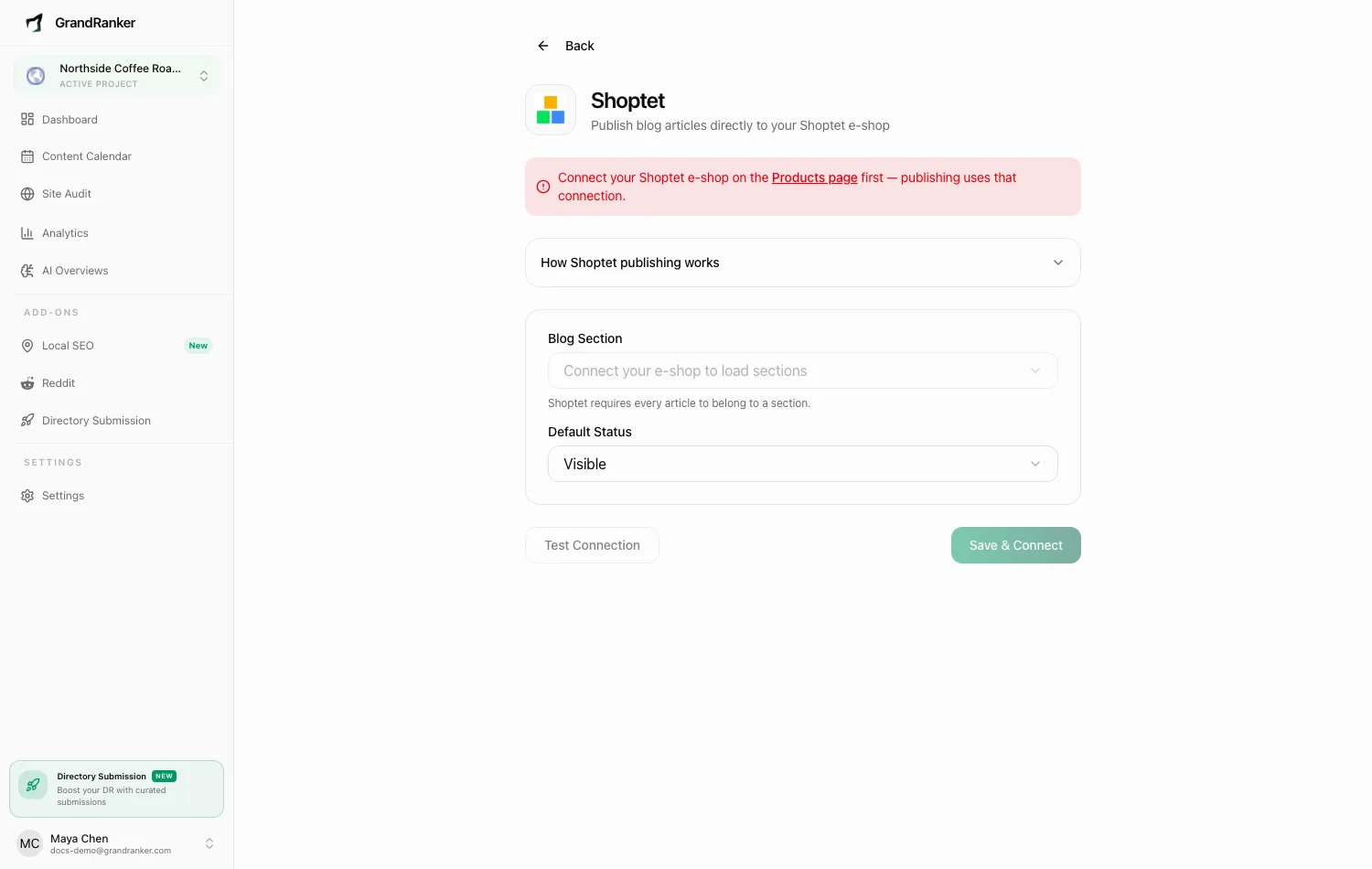 The Shoptet connect wizard in Grandranker