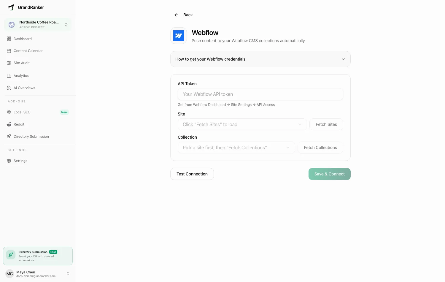 The Webflow connect wizard in Grandranker