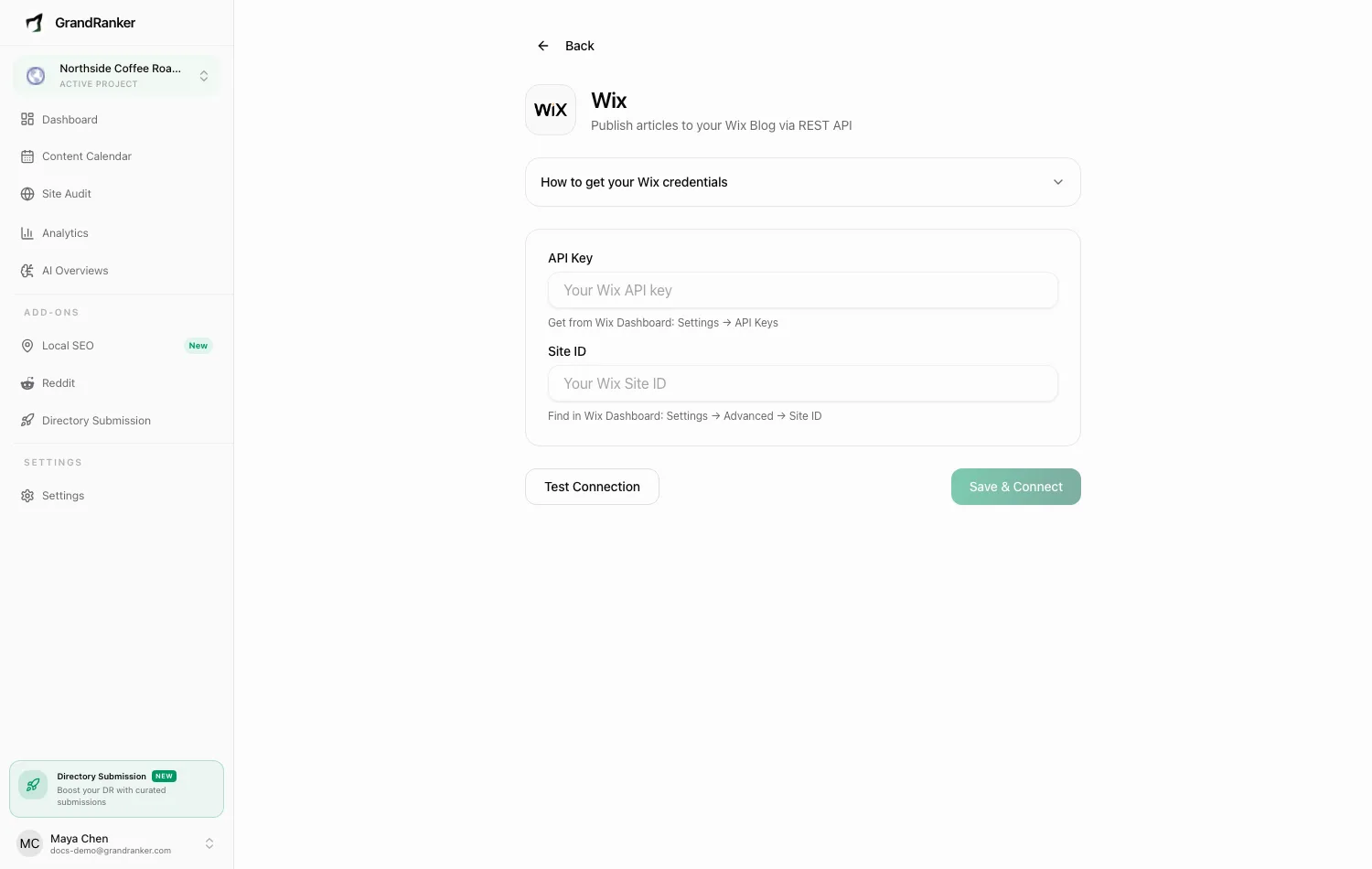 The Wix connect wizard in Grandranker