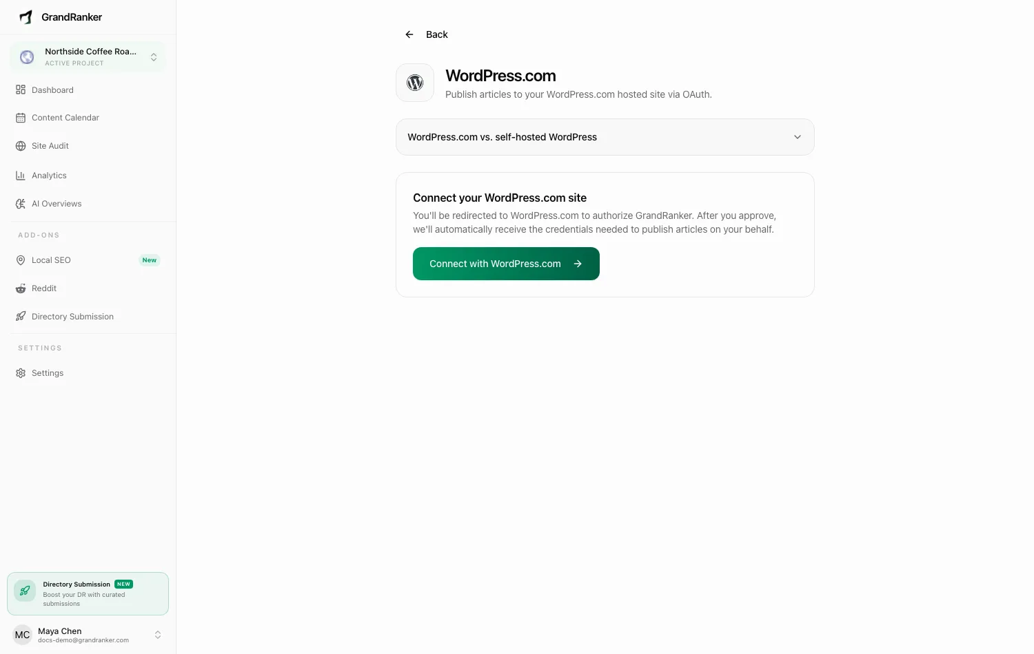 The WordPress.com connect wizard in Grandranker