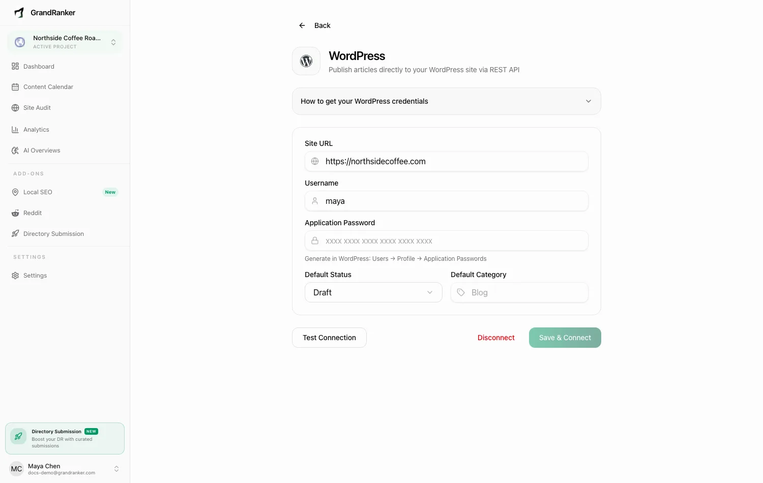 The WordPress connect wizard in Grandranker