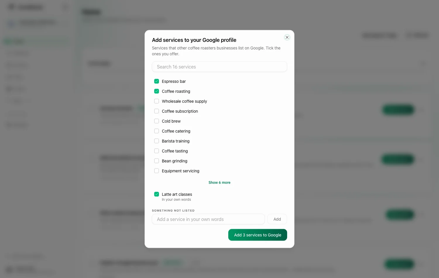 Picking services to add to your Google Business Profile