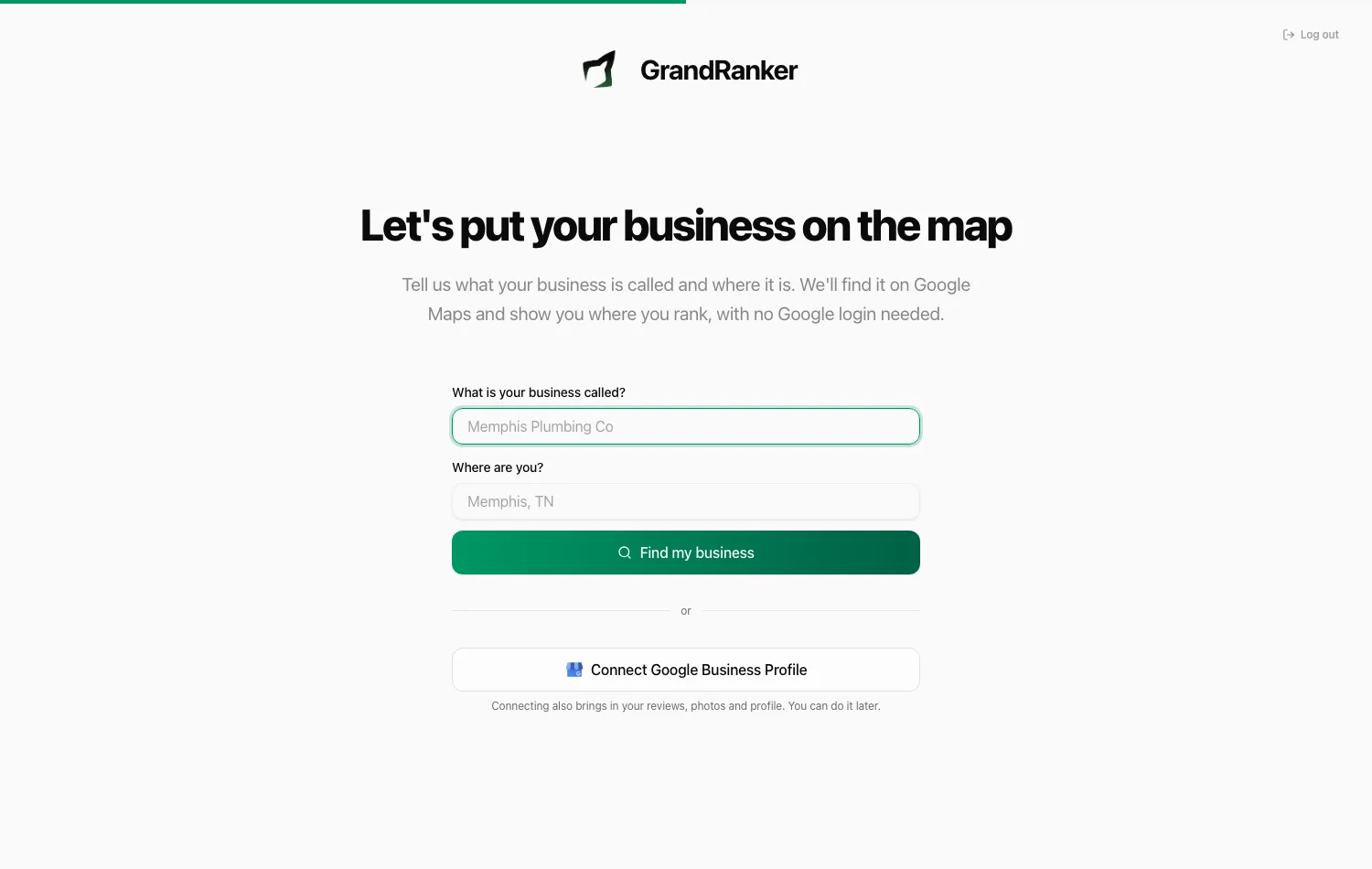 The first onboarding screen, asking for your business name and town