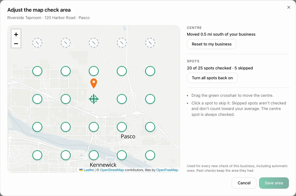 Adjust the map check area: the centre moved south and the top row of spots skipped