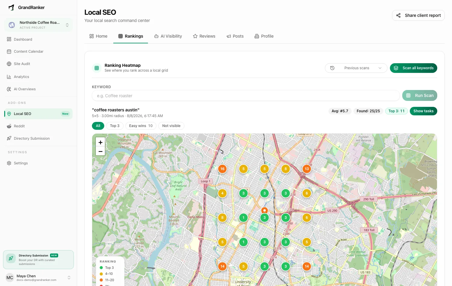 Geogrid map rankings across the service area
