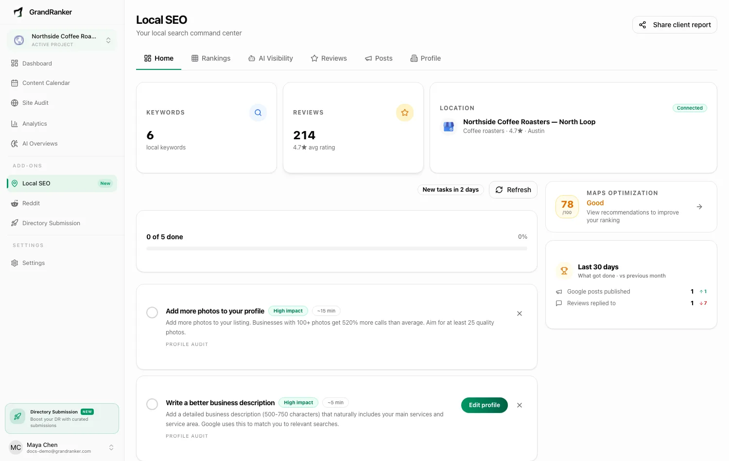 The Local SEO home screen with weekly tasks