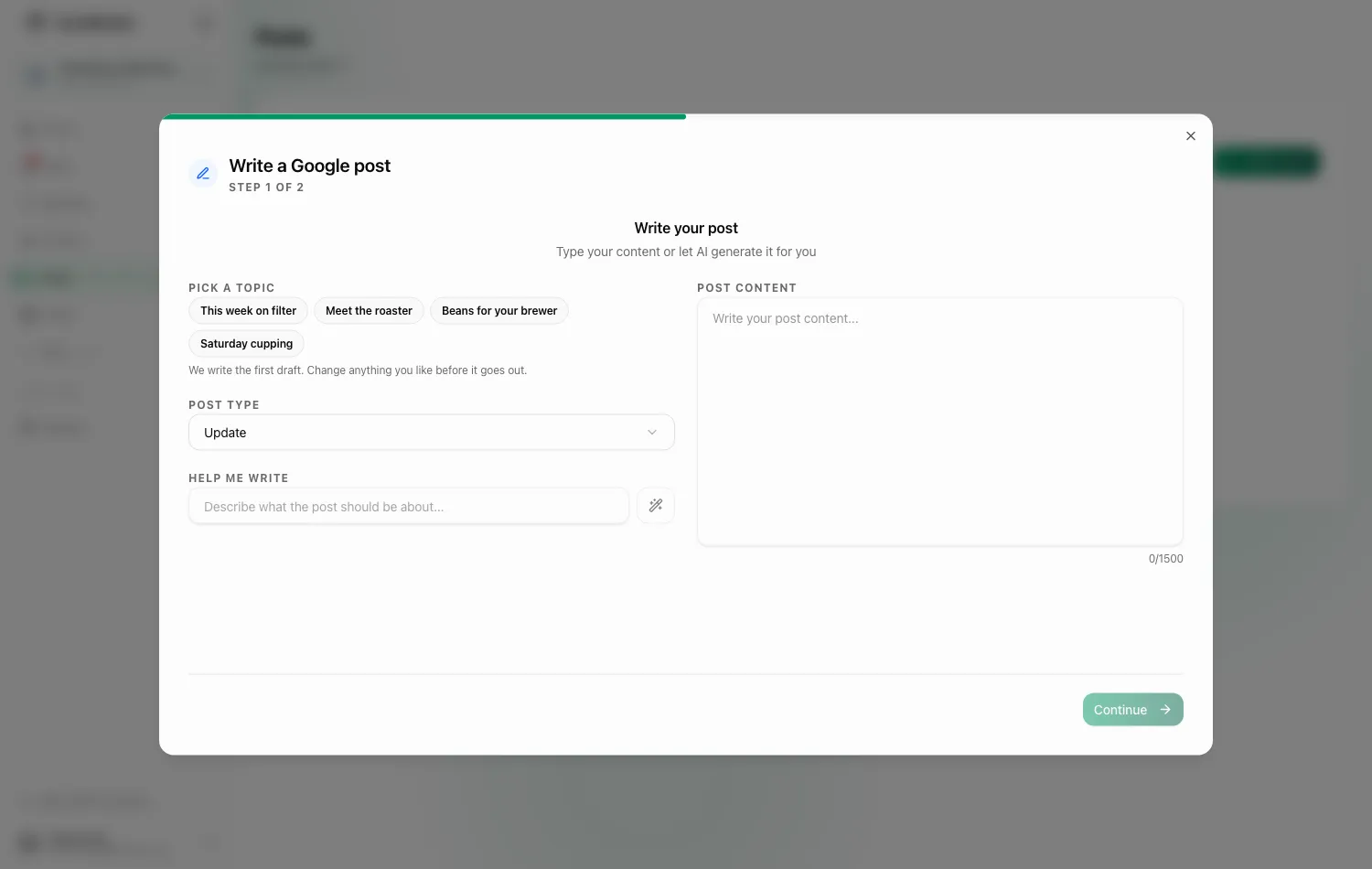 The post composer: pick a topic, or write it yourself