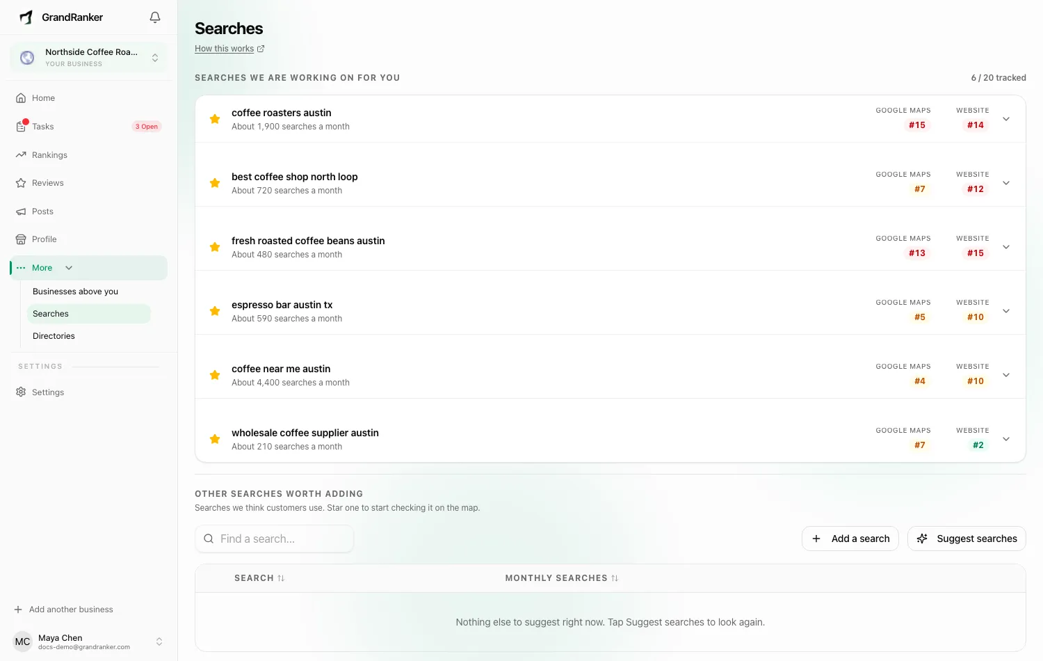 The Searches page: each search with your Google Maps and website positions