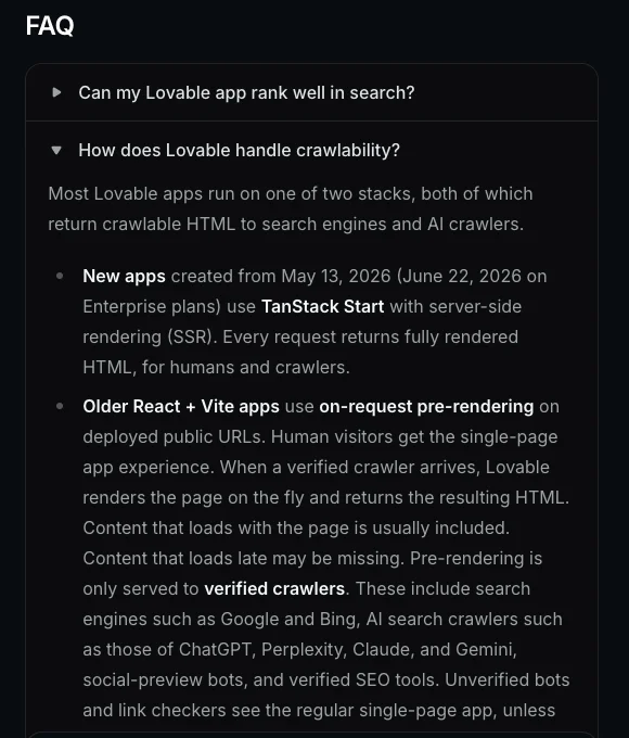 Lovable documentation: how Lovable handles crawlability for TanStack Start and React + Vite apps